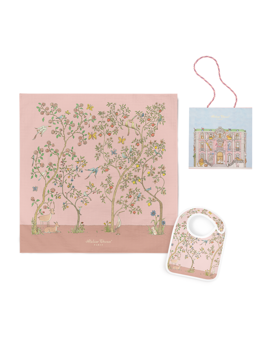 Carré & Satin Bib Set - In Bloom Pink