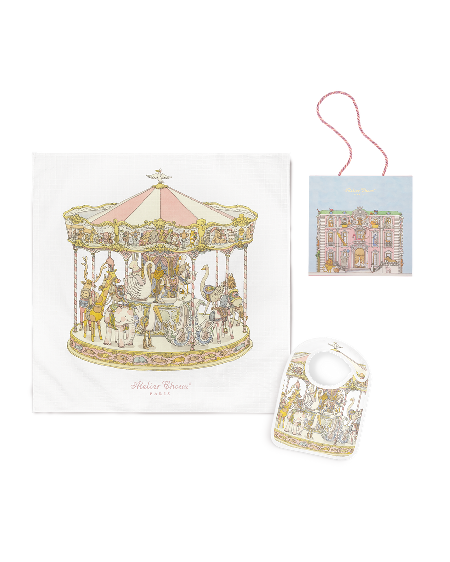 Carré & Satin Bib Set - Carousel Pink