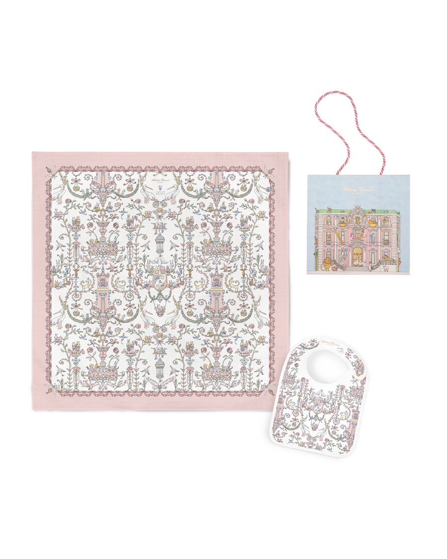 Carré & Satin Bib Set - Toile de Jouy Pink