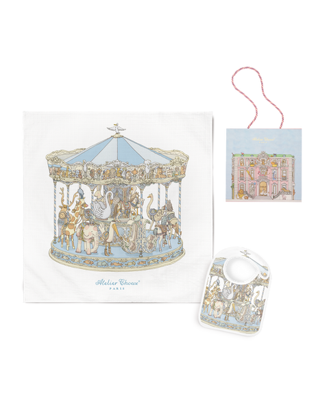 新品未使用AtelierChoux メリーゴーランド（ブルー） Carré & Satin Bib Set - Carousel Blue • Atelier Choux